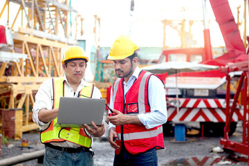 Two workers with safety vest and helmet hold laptop computer for discussion at construction site. Senior engineer and labor inspecting building site. Mature elderly and young architect work together.