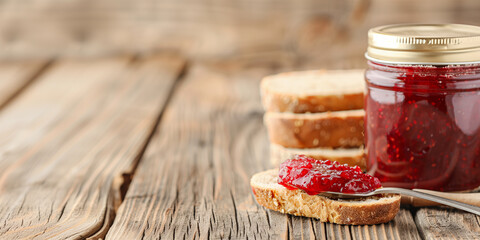 Sweet and healthy strawberry fruit jam in glass jar on wooden kitchen table: spoon and whole grain bread for nutritious dessert, vegan meal, homemade organic marmalade