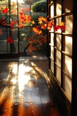 Wall Mural - Serene Autumn Sunlight Filters Through Window Illuminating Japanese Maple Leaves Indoors