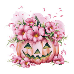 Sticker - A whimsical jack-o'-lantern adorned with bright pink flowers