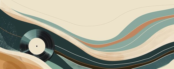 Minimalist music-themed poster with abstract colorful waves and vinyl record