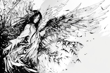 A simple illustration of an angel in monochrome tones