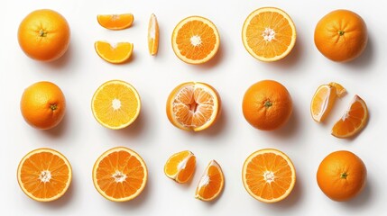 Poster - Isolated assortment of whole and sliced oranges on white background