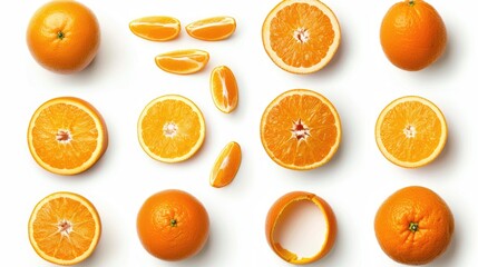 Poster - Isolated assortment of whole and sliced oranges on white background