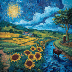 Wall Mural - painting of a cow in a field with sunflowers and a river