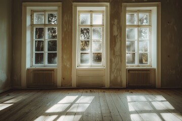 Wall Mural - A warm and cozy living room with three windows and a radiator