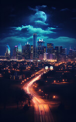 Wall Mural - nighttime view of a city with a highway and a full moon