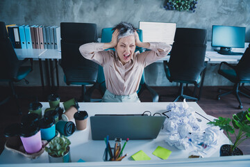 Poster - Photo of irritated annoyed mature lady accountant formalwear having no working ideas modern device indoors workplace workstation loft