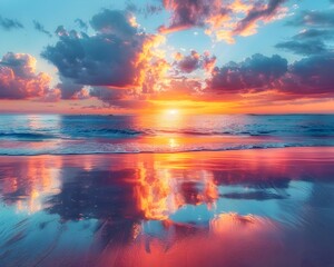 Poster - Breathtaking Sunset Over Tropical Beach with Vibrant Color Reflection on the Water