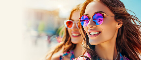 Happy young women wearing trendy sunglasses smile broadly being in good mood against blurred city background. Enjoying vacation, travel, shopping, sale, eyewear collection banner. Copy space