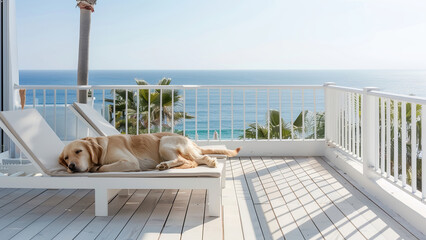 Golden Retriever Relaxing on Sunbed with Ocean View