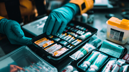 A close-up of a mental health first aid kit being opened, showing various resources and tools for support