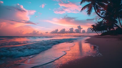 Sticker - Breathtaking Sunset Over Tropical Beach with Swaying Palm Silhouettes