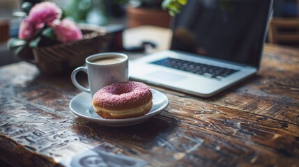 Wall Mural - A white plate with a pink glazed doughnut sits on a wooden table next to a cup of coffee