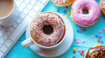 Wall Mural - A cup of coffee with a donut on top of it. The donut is covered in sprinkles and has a hole in the middle. There are also several other donuts scattered around the table