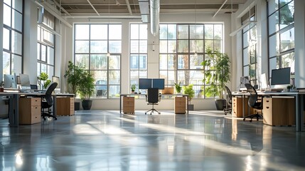 Poster - bright and airy modern office space with open workstations and natural lighting
