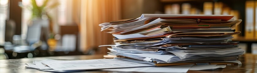 Wall Mural - Stack of Documents and Papers on a Wooden Desk in a Sunlit Office Environment