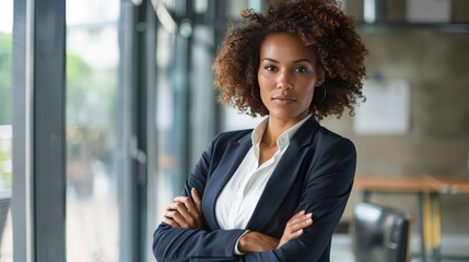 Poster - A woman in a tailored business suit, standing confidently in a modern office. Her poised stance and professional attire emphasize her authority and success in the corporate world.