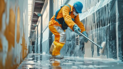 Poster - A worker, fully equipped with safety gear, focuses on mopping down a wall. Each careful movement underscores the importance of cleanliness and hygiene in their daily responsibilities