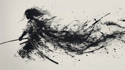 Abstract ink drawing of a samurai, showcasing Japanese style art with dynamic lines and traditional elements.