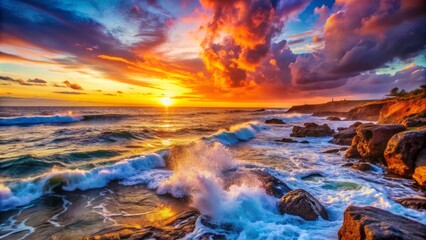 Wall Mural - Thermal vision captures breathtaking sunrise over serene ocean waves crashing against rugged rocky coastline.