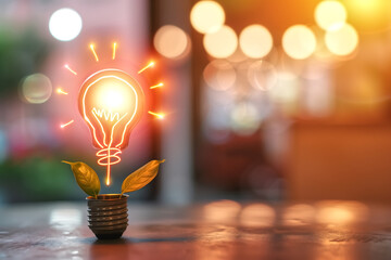 Creative Concept of Eco-Friendly Innovation with Light Bulb and Green Leaves on Blurred Background