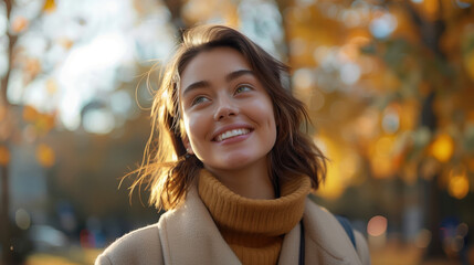 Wall Mural - Beautiful Young Woman Smiling in Autumn Park with Warm Colors and Soft Light