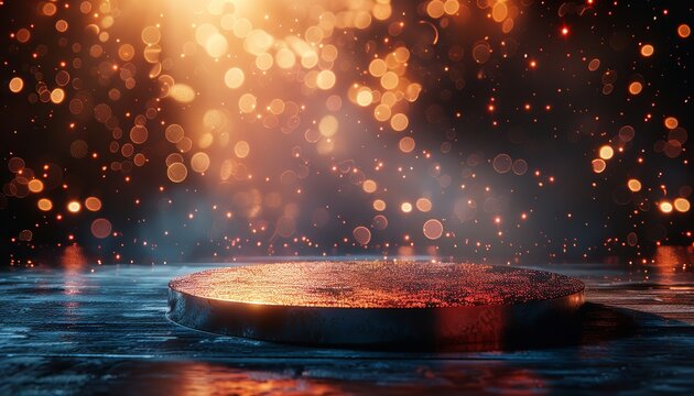 Generous text area for marketing a product and revenue, an oval solo pedestal platform with blurry illuminating lights in the backdrop, Generative AI.