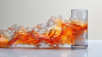 Poster - dynamic splash of orange liquid flowing from a clear glass on white surface