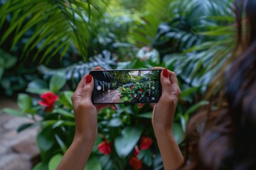 Wall Mural - A person capturing the beauty of a vibrant flower garden