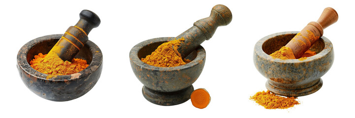 Set of A mortar and pestle with ground turmeric isolated on transparent background   (2)