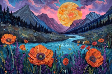 Wall Mural - A painting of a mountain valley with a river and a large orange flower