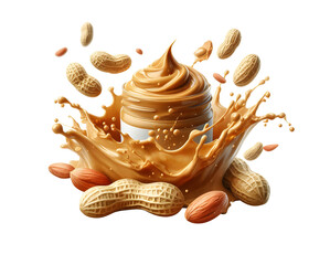 organic peanut butter splash liquid from jar visualisation 3d illustration design isolated on transparent background