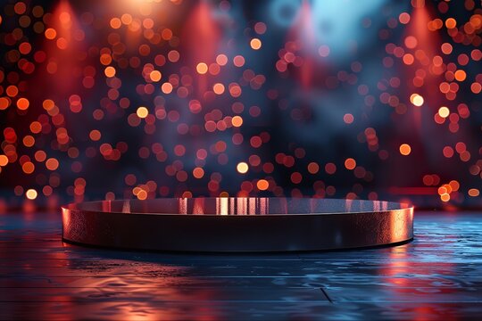 Generous text area for marketing a product and revenue, an oval solo pedestal platform with blurry illuminating lights in the backdrop, Generative AI.
