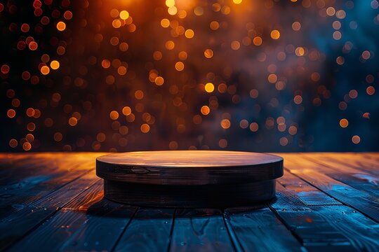 Generous text area for marketing a product and revenue, an oval solo pedestal platform with blurry illuminating lights in the backdrop, Generative AI.