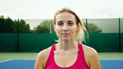 Sticker - Woman in red tank top stands on tennis court. She is wearing necklace and has her hair in ponytail