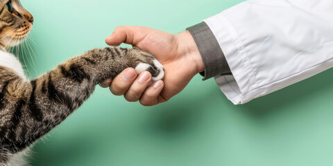 Wall Mural - Veterinarian doctor hand holds a cat's paw on colored background. A man shaking hands with a cat