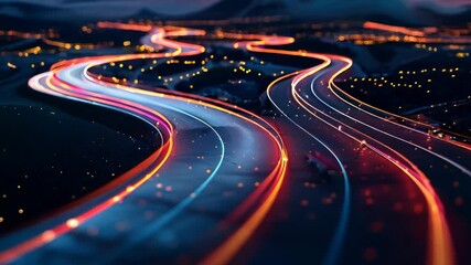 Wall Mural - Long, winding road with bright lights and cars driving down it. Scene is energetic and exciting, as cars are moving quickly and lights are creating sense of motion and speed