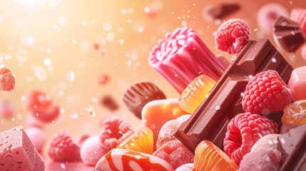 Fototapete - A realistic art for an ad involving multicoloured confectionery in an animated style, a notion of selling sweets and candy bars, Generative AI.