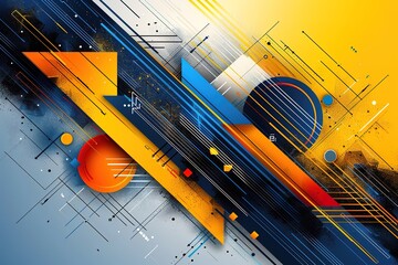 Poster - A colorful abstract painting with a blue and yellow background and a black