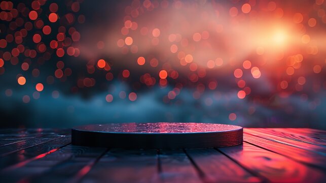 Generous text area for marketing a product and revenue, an oval solo pedestal platform with blurry illuminating lights in the backdrop, Generative AI.
