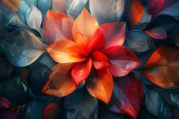 Poster - Elegant depiction of abstract geometric forms intertwined with colorful flower and leaf designs, producing a retro feel,
