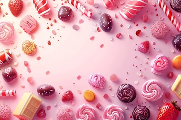 Fototapete - A realistic art for an ad involving multicoloured confectionery in an animated style, a notion of selling sweets and candy bars, Generative AI.