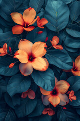 Poster - Minimalist scene of bold, vibrant flowers and leaves in a geometric arrangement, creating a retro psychedelic pattern,