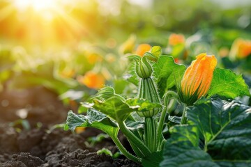 Wall Mural - A field of orange squash plants with green leaves. The squash are in various stages of growth, with some still small and others larger. The sun is shining brightly, casting a warm glow over the plants