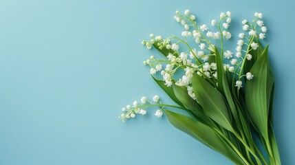 lily of the valley arrangement on blue background top view