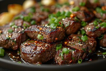 Canvas Print - A plate of meat with green onions and spices