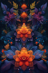 Poster - Elegant depiction of abstract geometric patterns with intricate floral and leaf designs, producing a psychedelic retro feel,