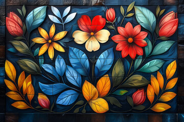 Poster - Clean depiction of a geometric pattern with colorful flower and leaf motifs, creating a retro-inspired psychedelic feel,