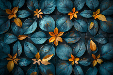 Wall Mural - Elegant representation of modern geometric patterns with intricate floral and leaf motifs, producing a retro psychedelic composition,